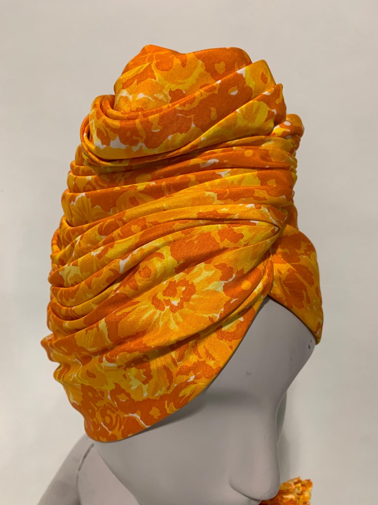 1960 Saks Silk Orange & Yellow Floral Print Turban W/ Twisted Knot & Corsage  For Sale 2