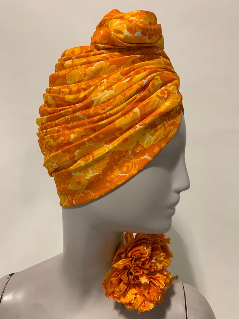 1960 Saks Silk Orange & Yellow Floral Print Turban W/ Twisted Knot & Corsage  For Sale 3
