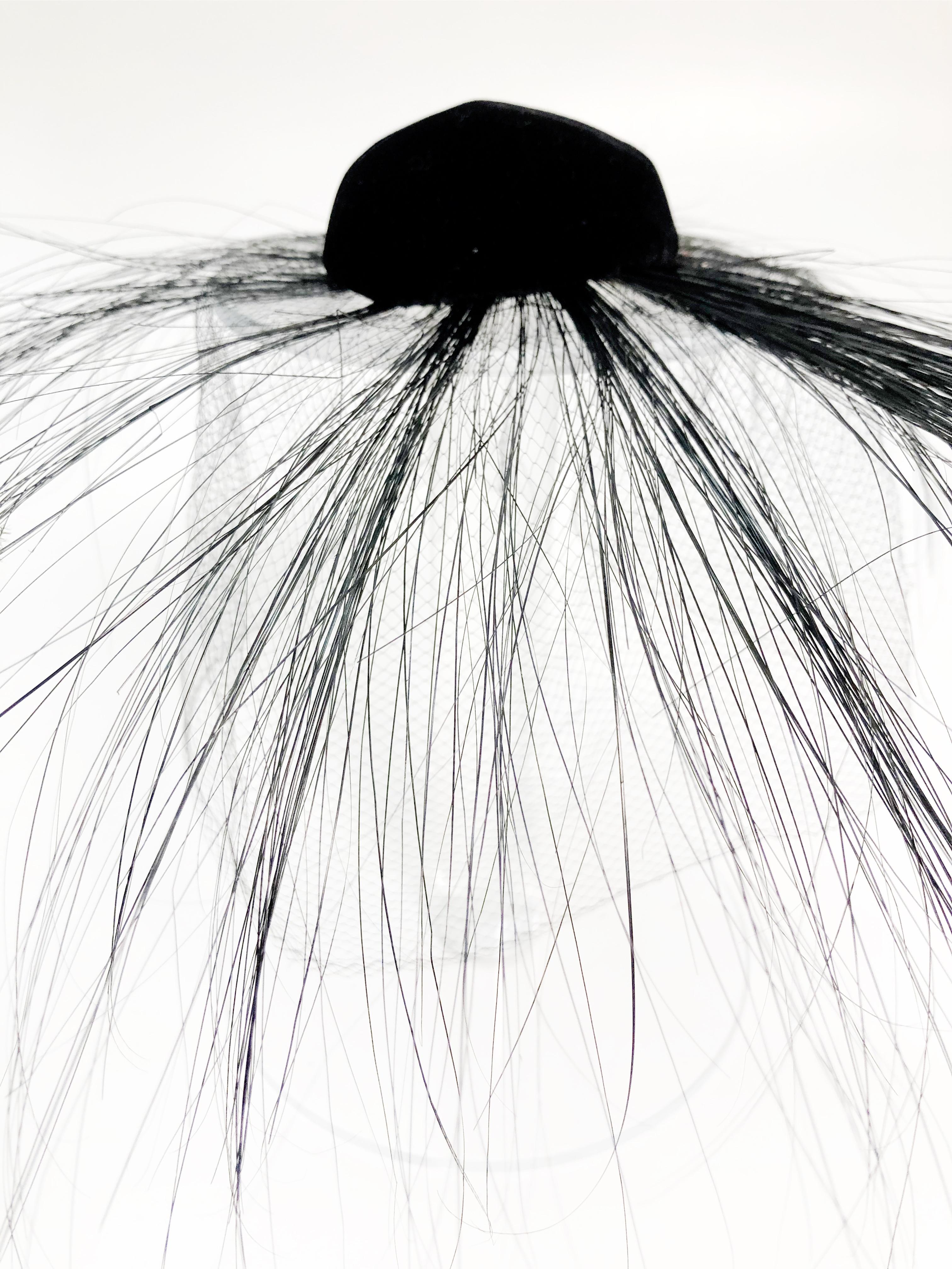 Gray 1960 Sally Victor Velvet Fascinator Hat W/ Dramatic Feather Spray Trim 
