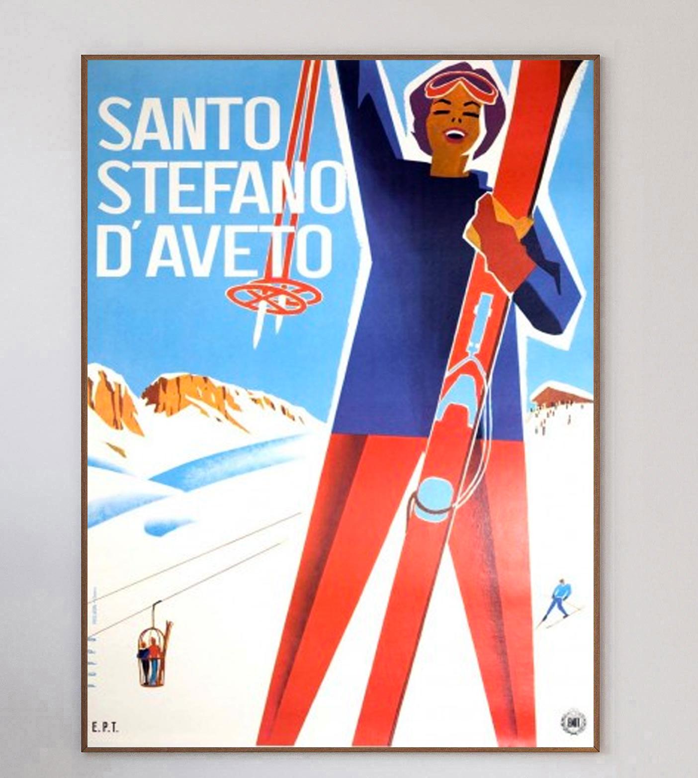 Beautiful vibrant poster from 1955 promoting the ski resort of Santo Stefano D'Aveto in the city of Genoa in the Liguria region of Italy. Printed by Printed by Sigla Effe, Genova, the poster was produced to advertise the region to tourists from