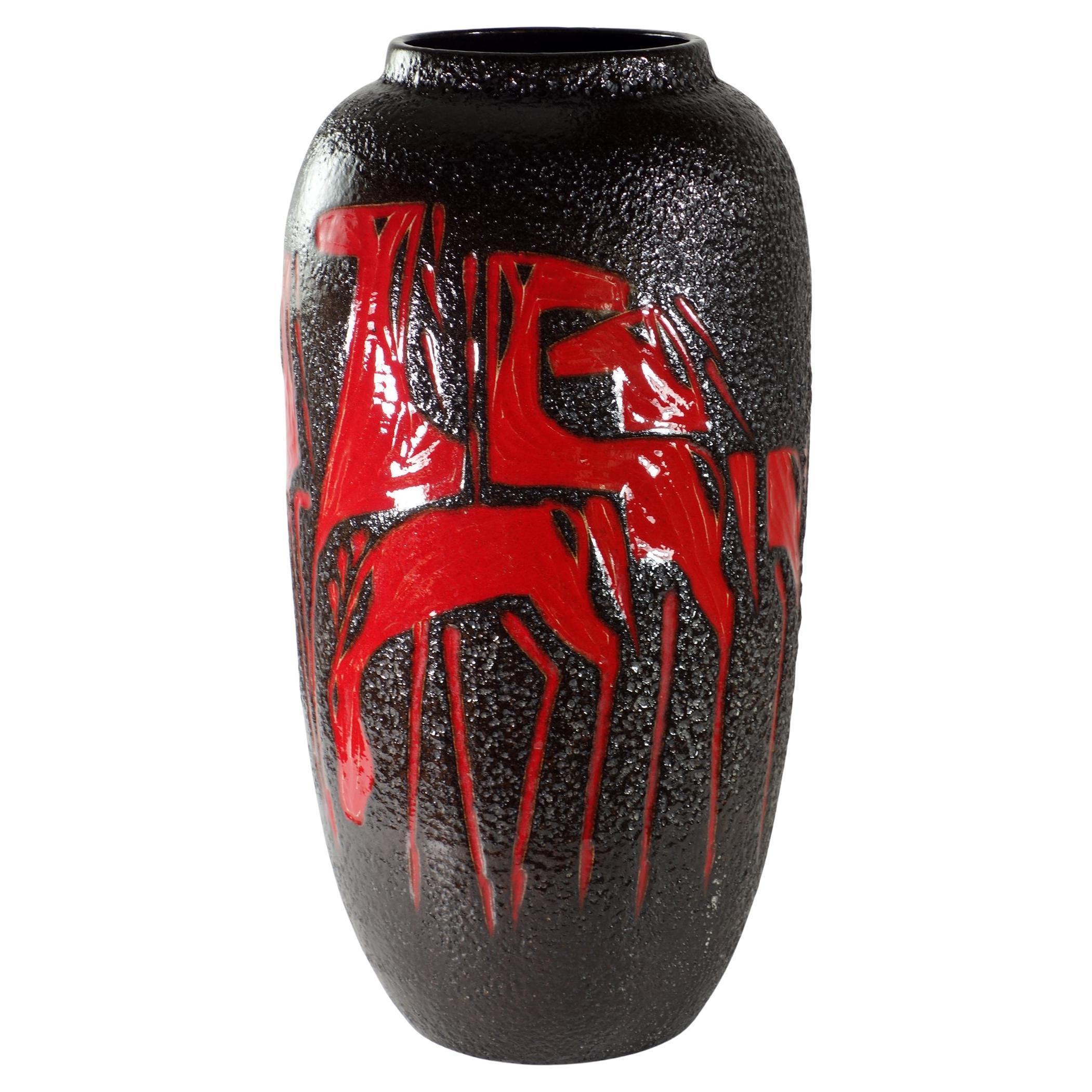 1960 Scheurich "Lava" Germania Ceramica Smalto Rosso Cavalli Vaso Porta Ombrelli