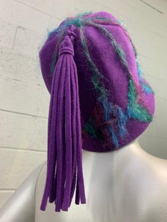 1960 Schiaparelli Purple Wool Bucket Hat w/ Yarn Embroidery and Tassel