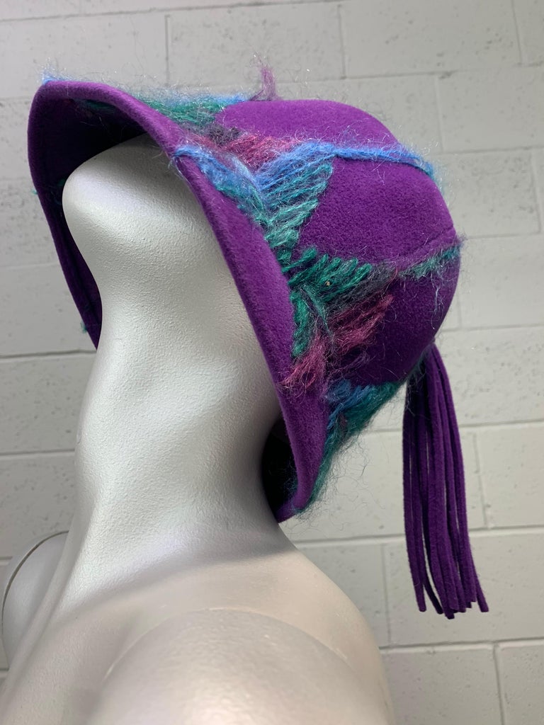 Women's 1960 Schiaparelli Purple Wool Bucket Hat w/ Yarn Embroidery and Tassel For Sale