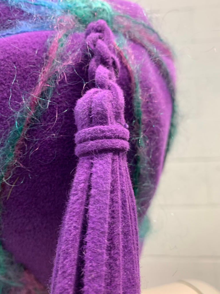 1960 Schiaparelli Purple Wool Bucket Hat w/ Yarn Embroidery and Tassel For Sale 3
