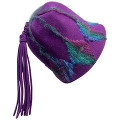 Vintage 1960 Schiaparelli Purple Wool Bucket Hat w/ Yarn Embroidery and Tassel
