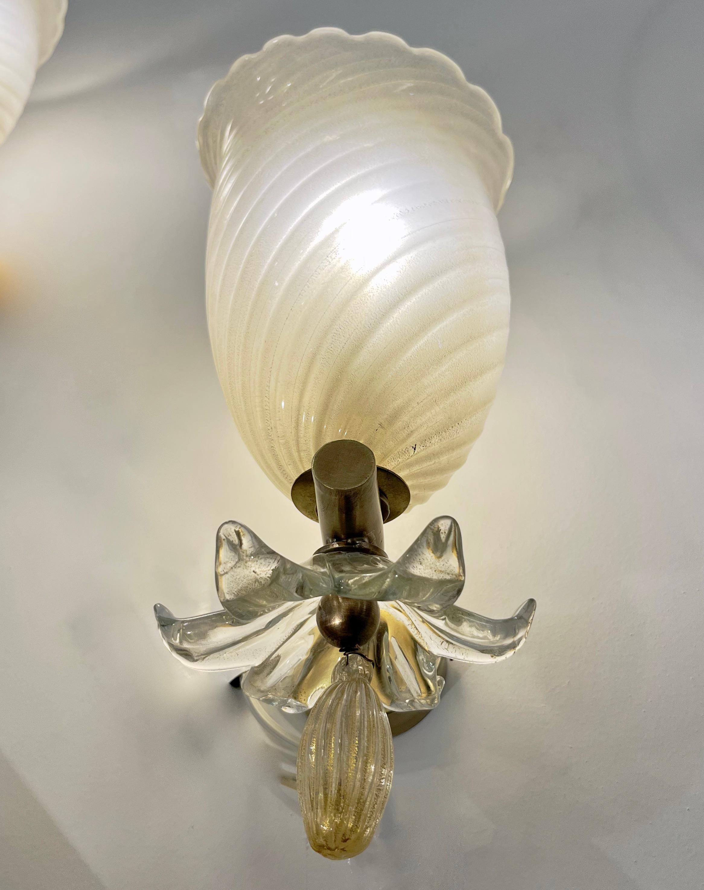1960 Seguso Italian Art Deco Design Crystal Gold Murano Glass Brass Bowl Sconces 4