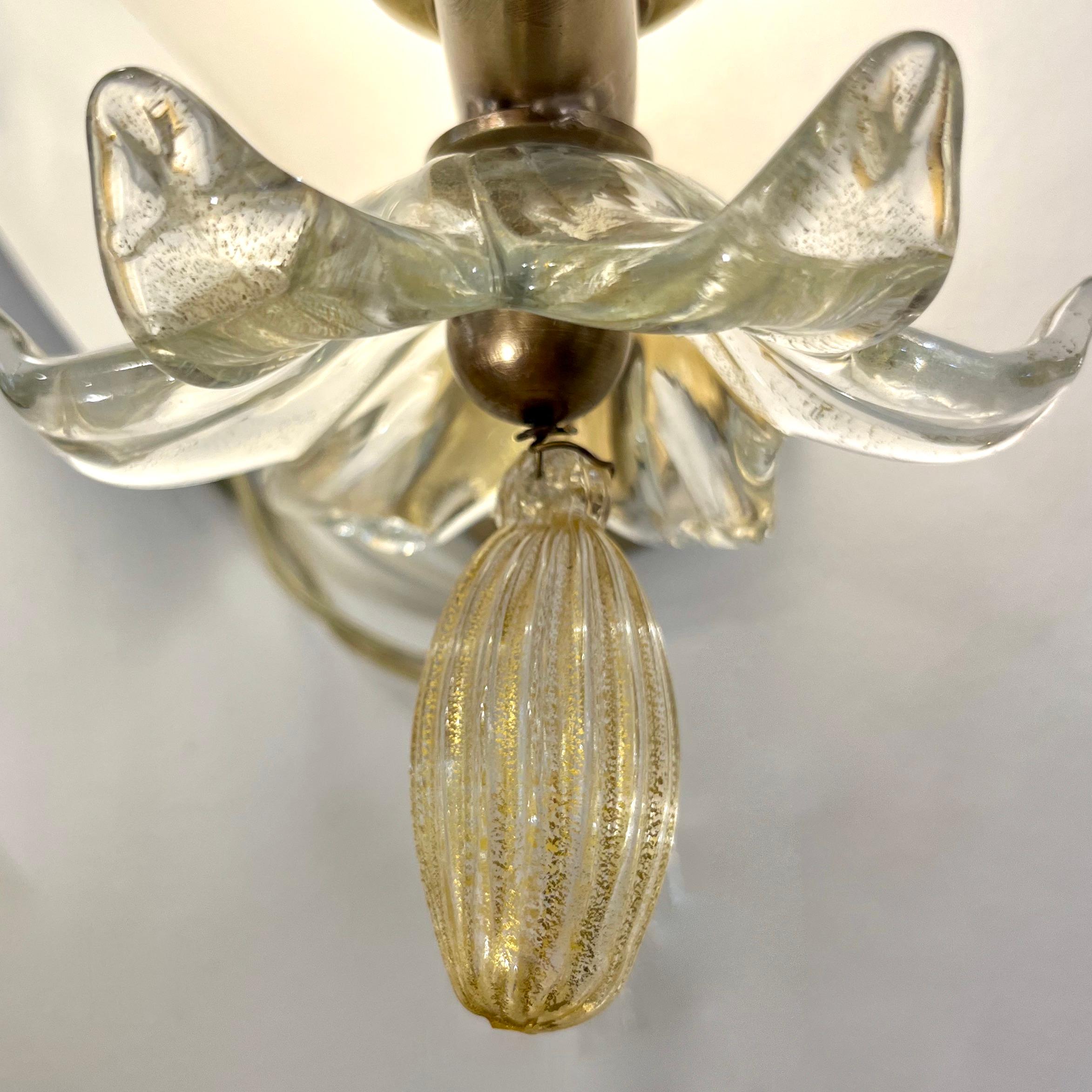 1960 Seguso Italian Art Deco Design Crystal Gold Murano Glass Brass Bowl Sconces 1