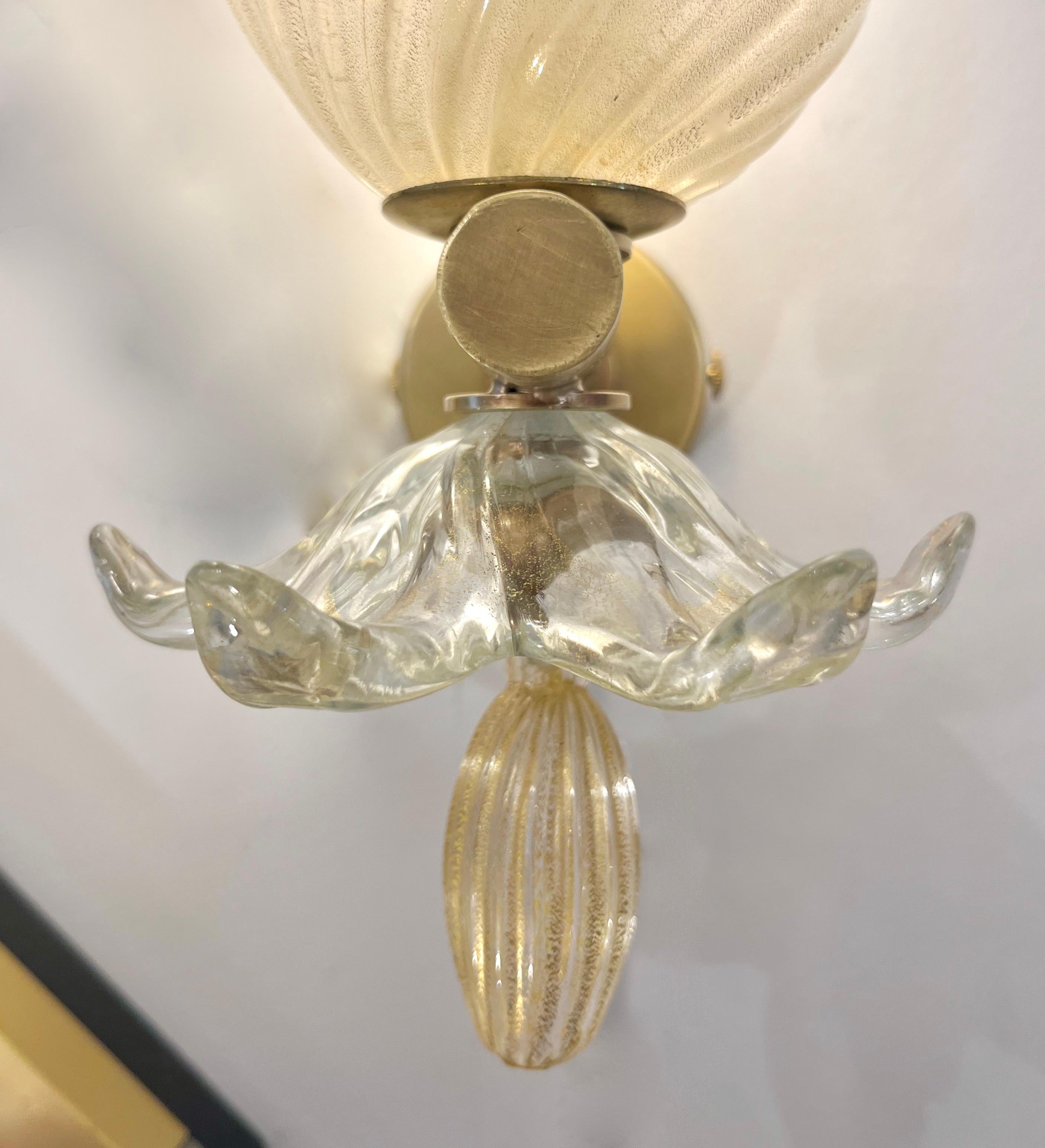 1960 Seguso Italian Art Deco Design Crystal Gold Murano Glass Brass Bowl Sconces 3