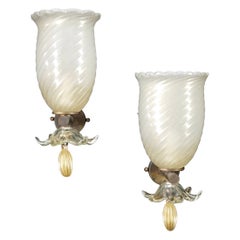 1960 Seguso Italian Art Deco Design Cristal Dorado Murano Glass Brass Bowl Sconces