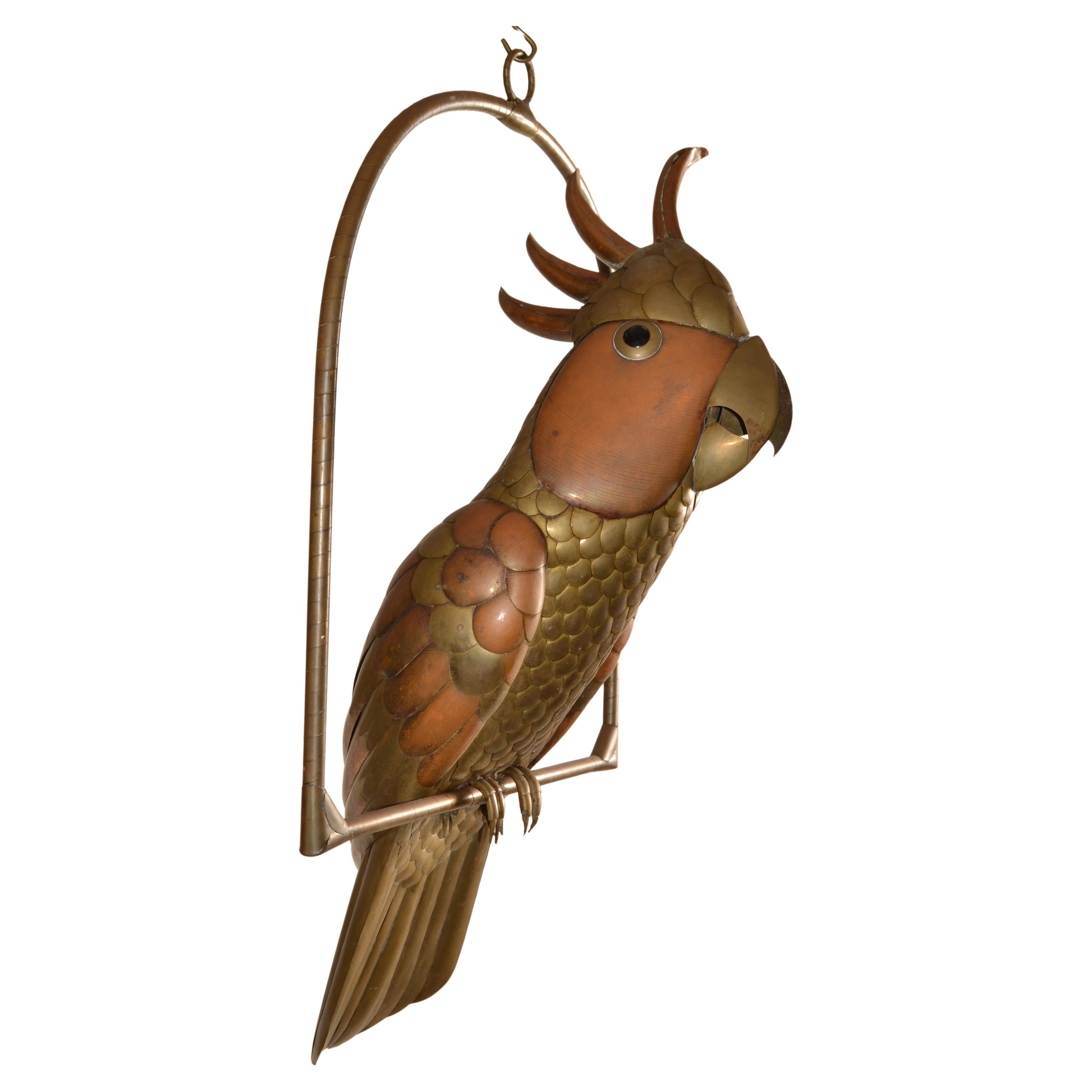 1960 Sergio Bustamante Scultura di pappagallo cacatua in ottone e metallo misto con posatoio appeso