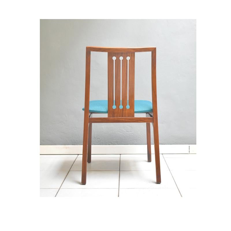 Italian 1960, Set of Six Vintage Dining Chairs, Seat in Teal Fabric and Wooden Structure