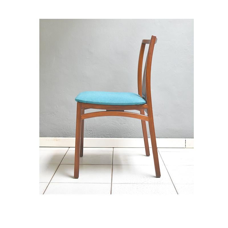 Mid-20th Century 1960, Set of Six Vintage Dining Chairs, Seat in Teal Fabric and Wooden Structure