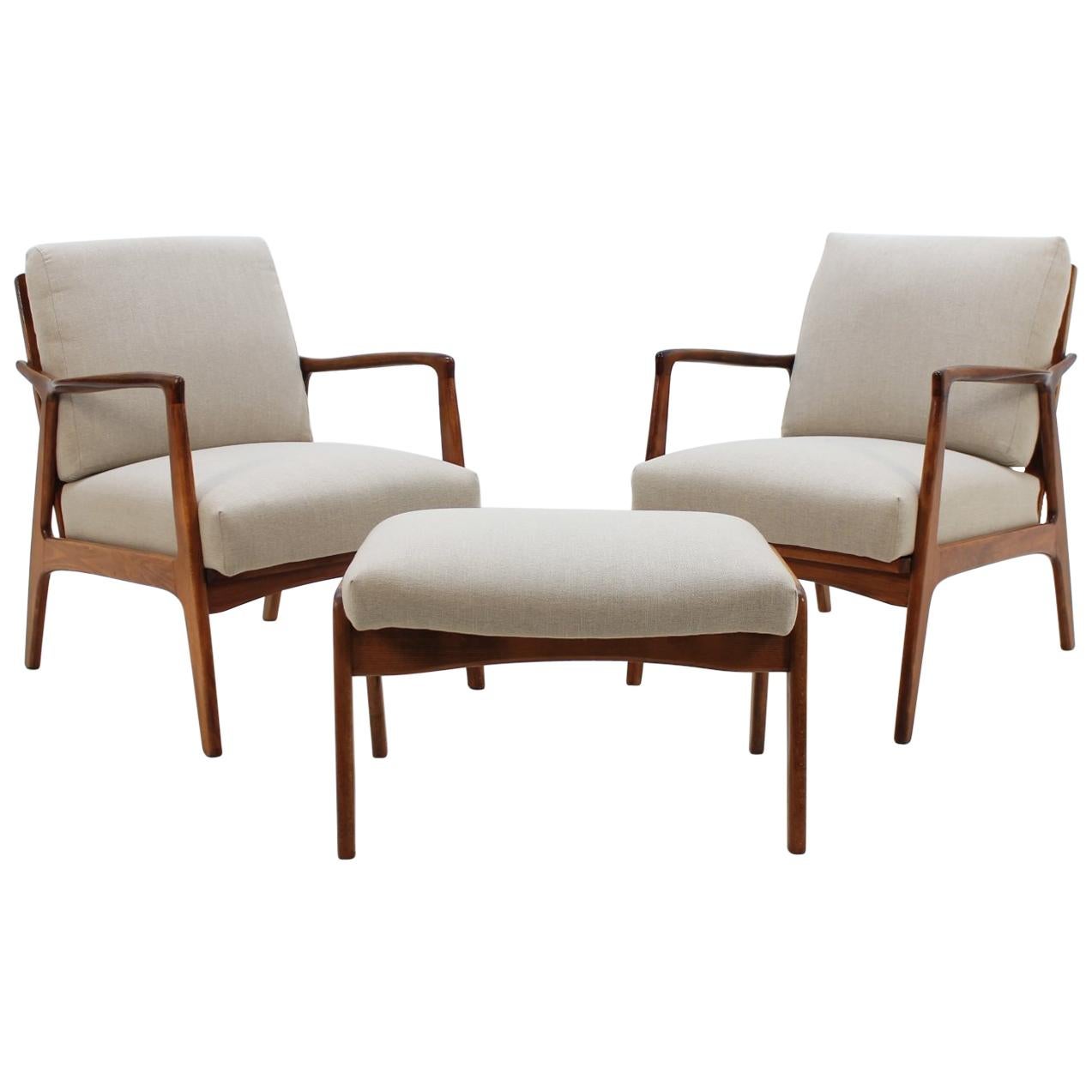 1960 Set of Two Danish Beech Armchairs and Stool