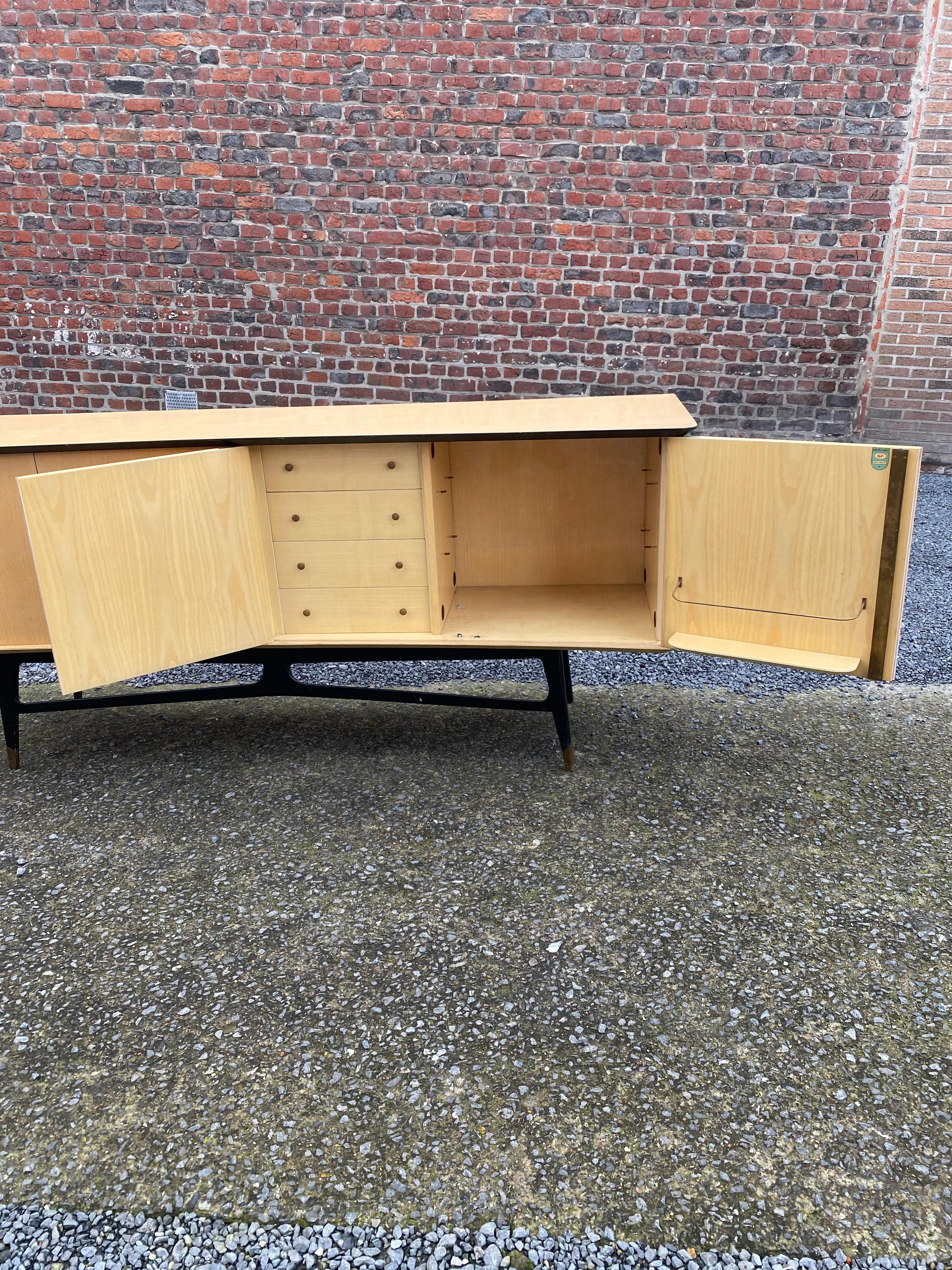 Mid-Century Modern 1960 Sideboard in Ash Veneer, Blackened Wood and Brass Maison Raphael Style For Sale
