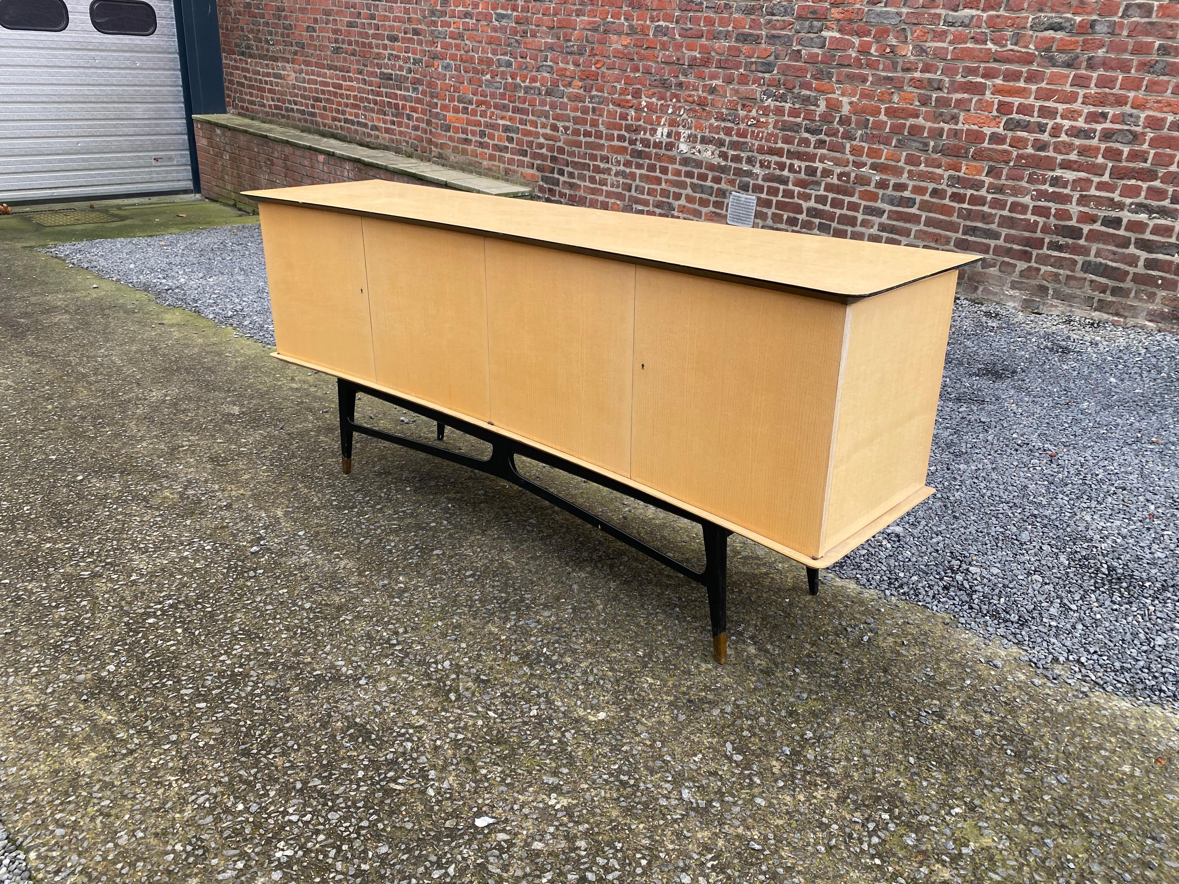 French 1960 Sideboard in Ash Veneer, Blackened Wood and Brass Maison Raphael Style For Sale