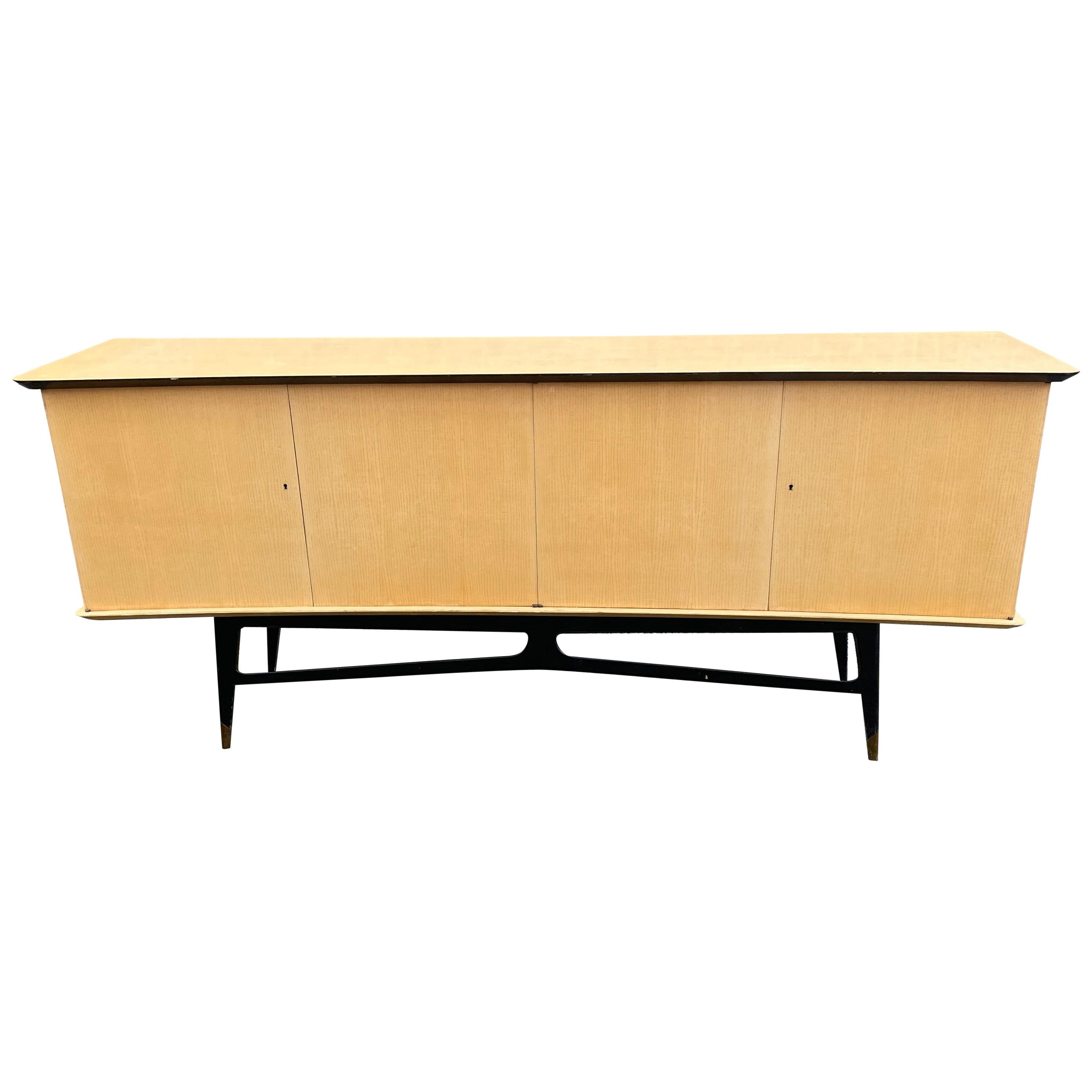 1960 Sideboard in Ash Veneer, Blackened Wood and Brass Maison Raphael Style