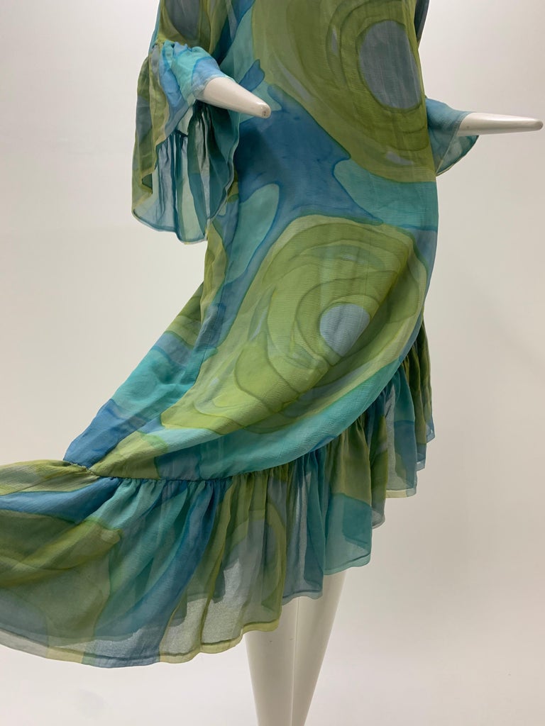 1960 Silk Chiffon Aqua & Green Hand Painted Shift Dress W/ Asymmetrical Ruffles In Excellent Condition For Sale In San Francisco, CA