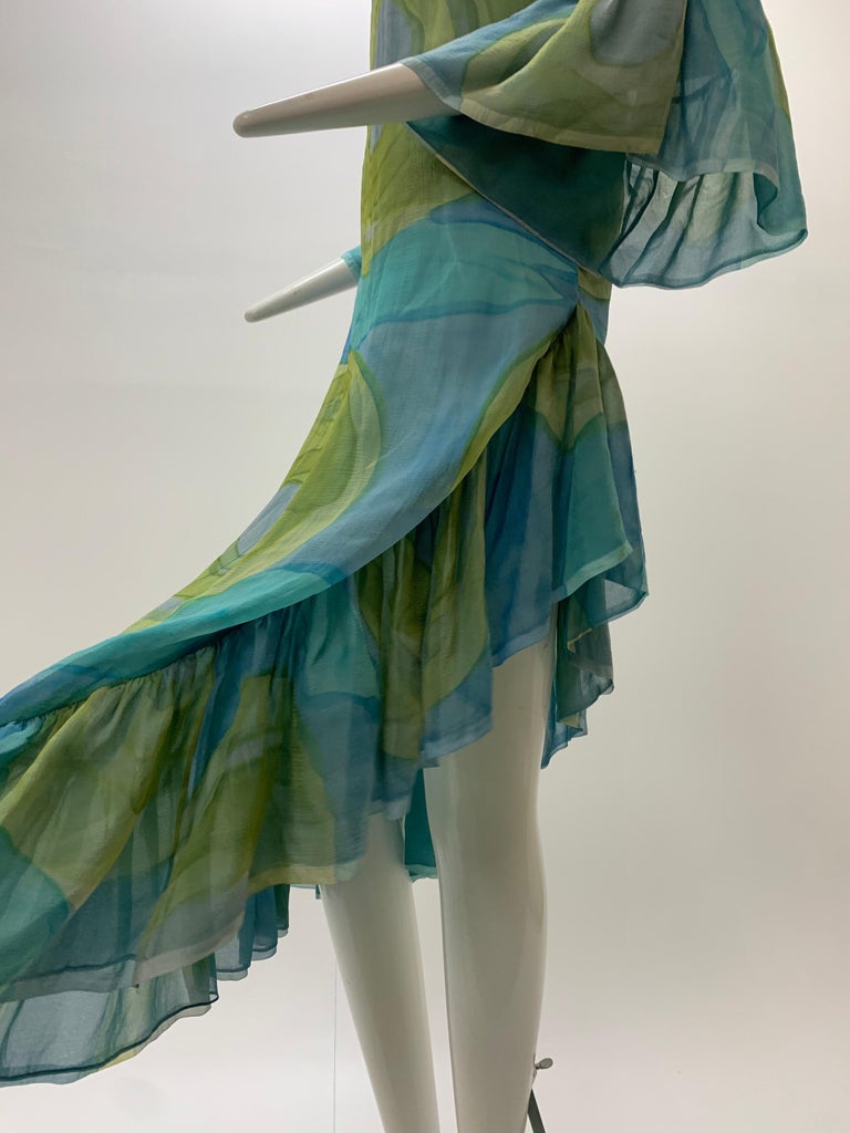 1960 Silk Chiffon Aqua & Green Hand Painted Shift Dress W/ Asymmetrical Ruffles For Sale 1