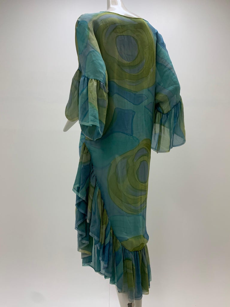 1960 Silk Chiffon Aqua & Green Hand Painted Shift Dress W/ Asymmetrical Ruffles For Sale 2