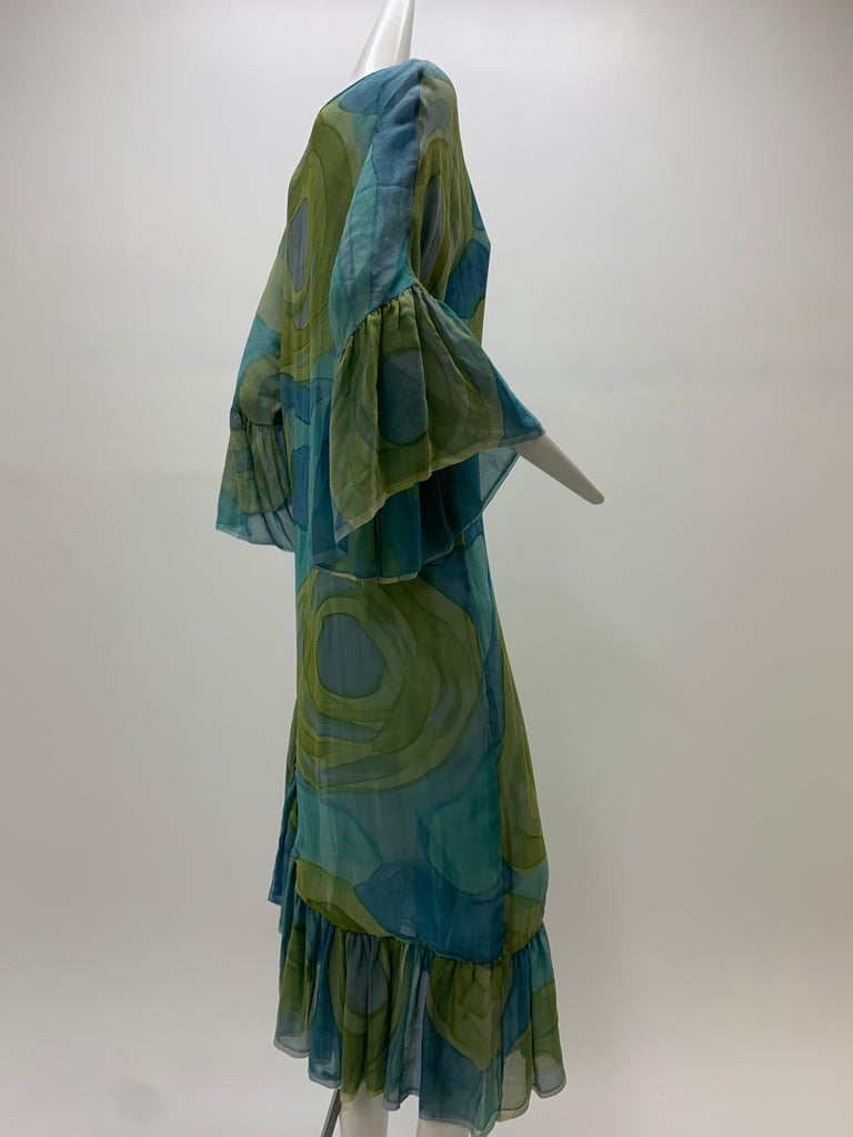 1960 Silk Chiffon Aqua & Green Hand Painted Shift Dress W/ Asymmetrical Ruffles For Sale 4