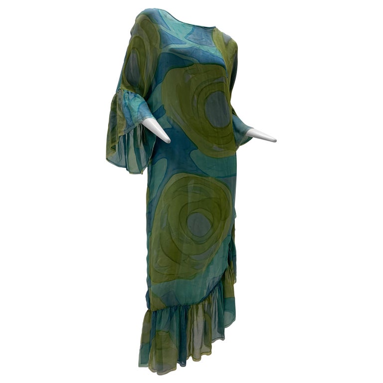 1960 Silk Chiffon Aqua & Green Hand Painted Shift Dress W/ Asymmetrical Ruffles