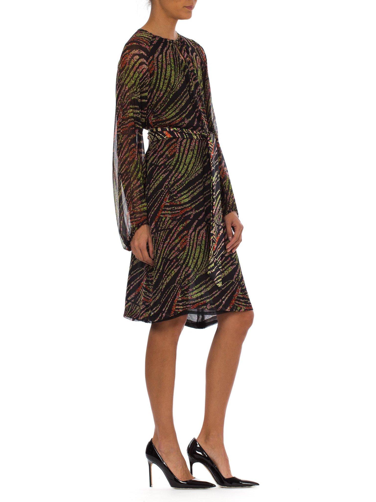 1970S Abstract Tropical Silk Chiffon Bias Long Sleeve Dress With French Seam Finishing