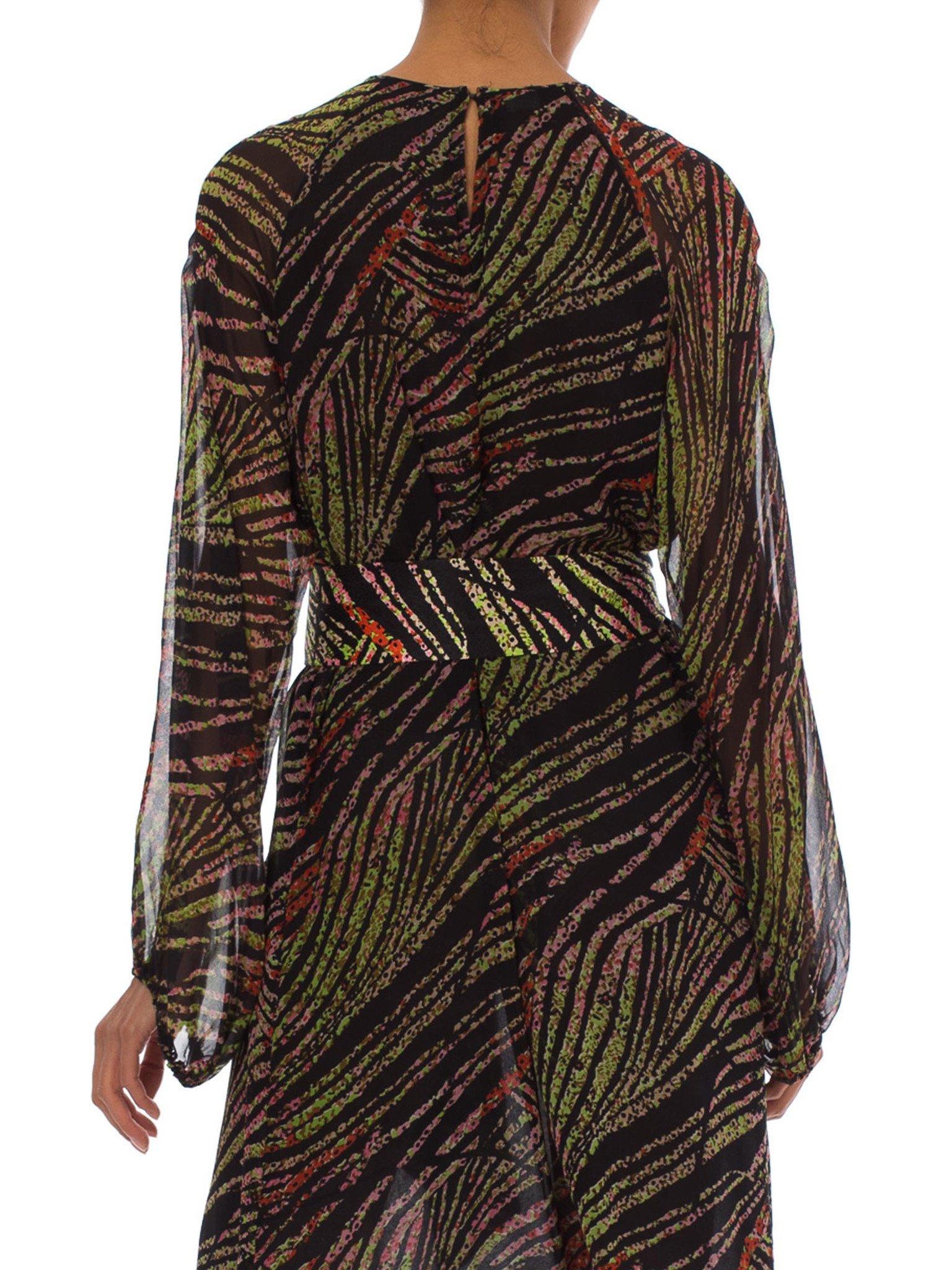 1970S Abstract Tropical Silk Chiffon Bias Long Sleeve Dress With French Seam Fi For Sale 2