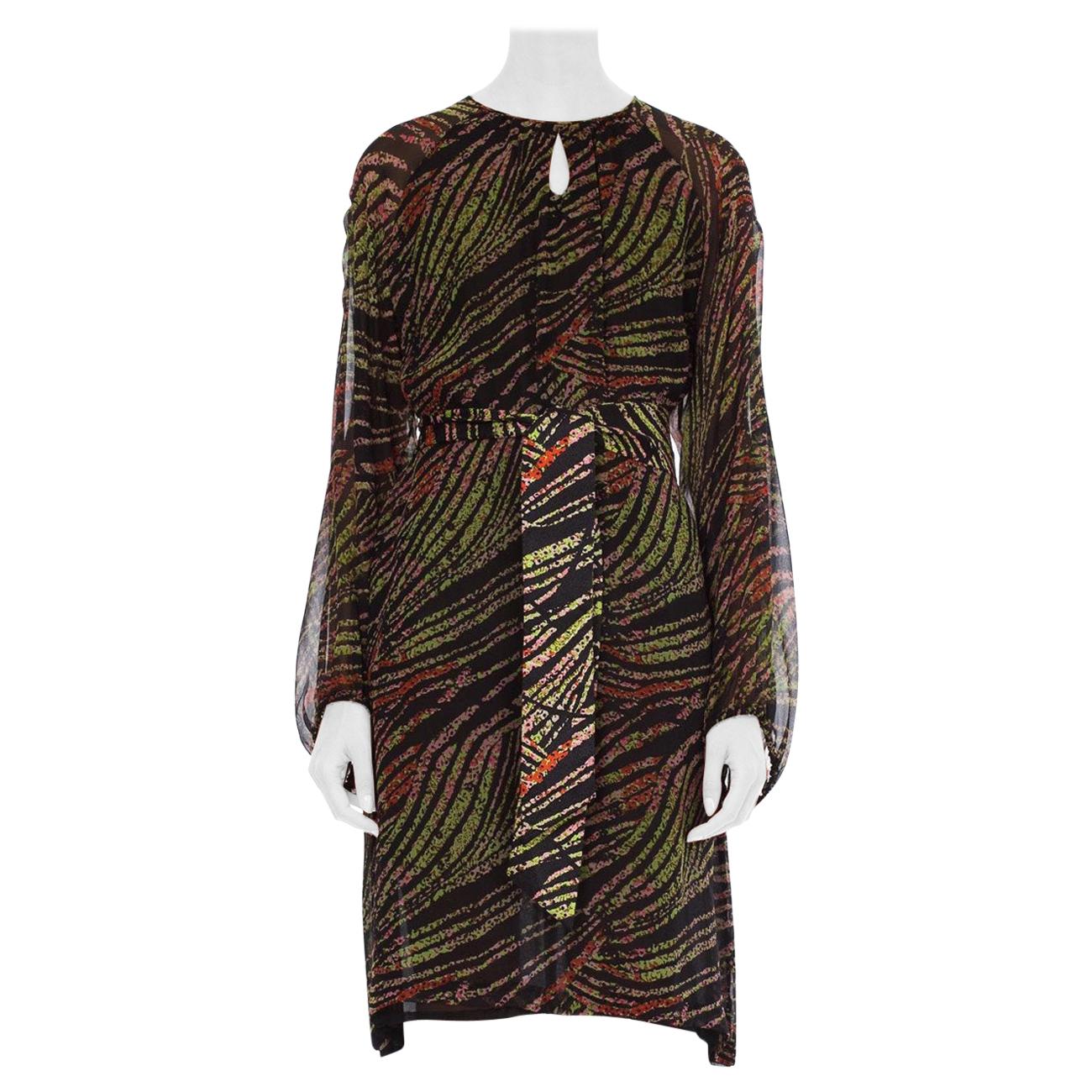 1970S Abstract Tropical Silk Chiffon Bias Long Sleeve Dress With French Seam Fi