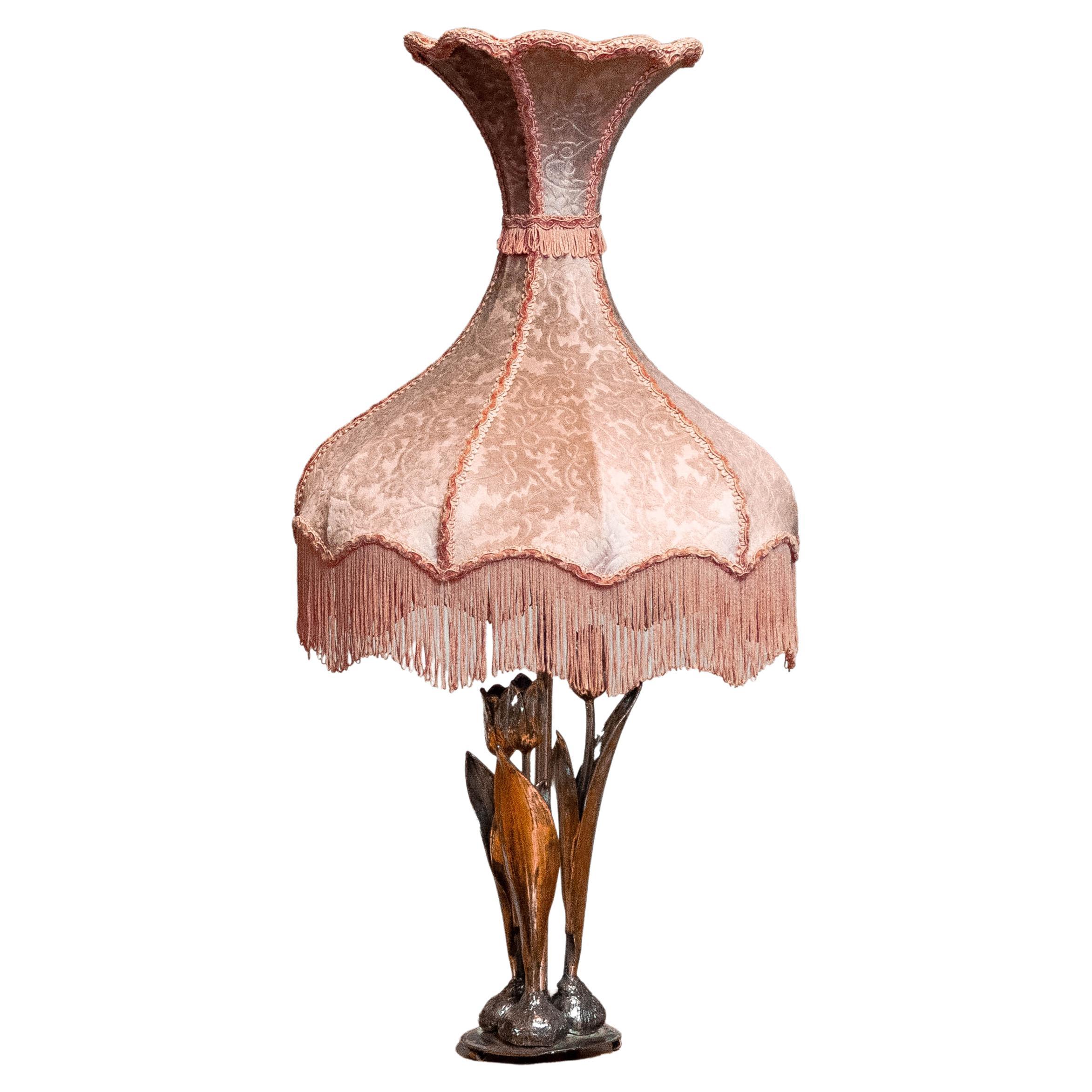 1960 Silver Plated Table Lamp with Three Tulips and Velvet Diabolo Shape Shade For Sale