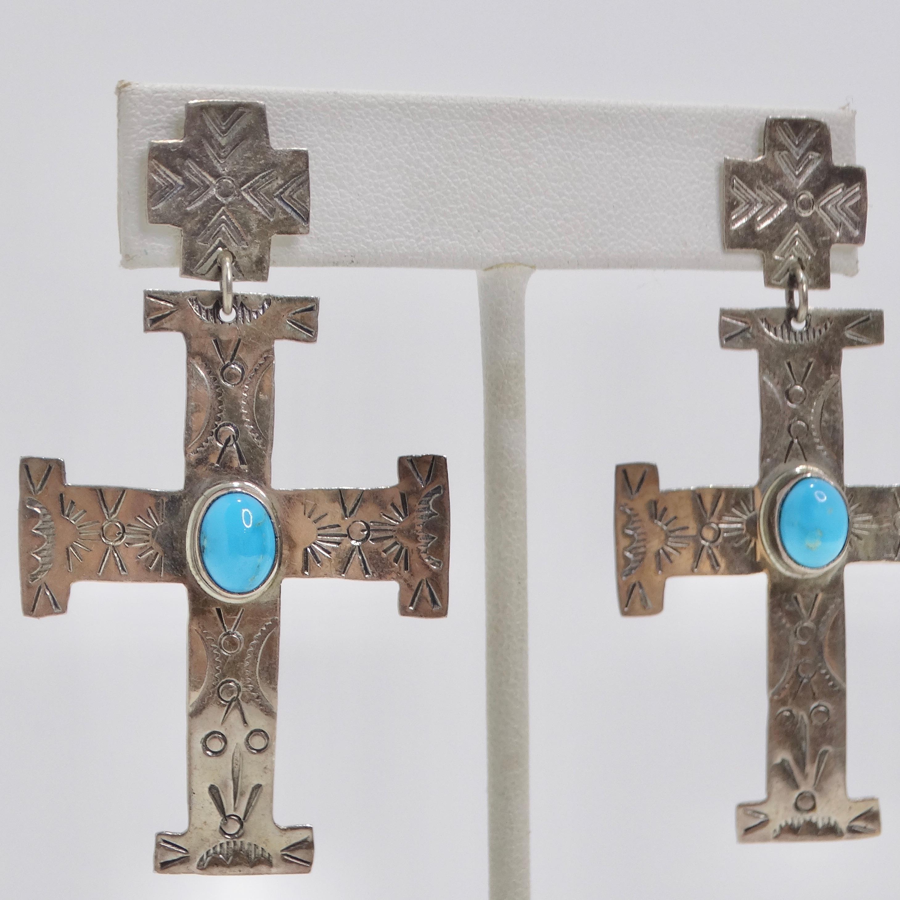 Round Cut 1960 Silver Turquoise Cross Earrings