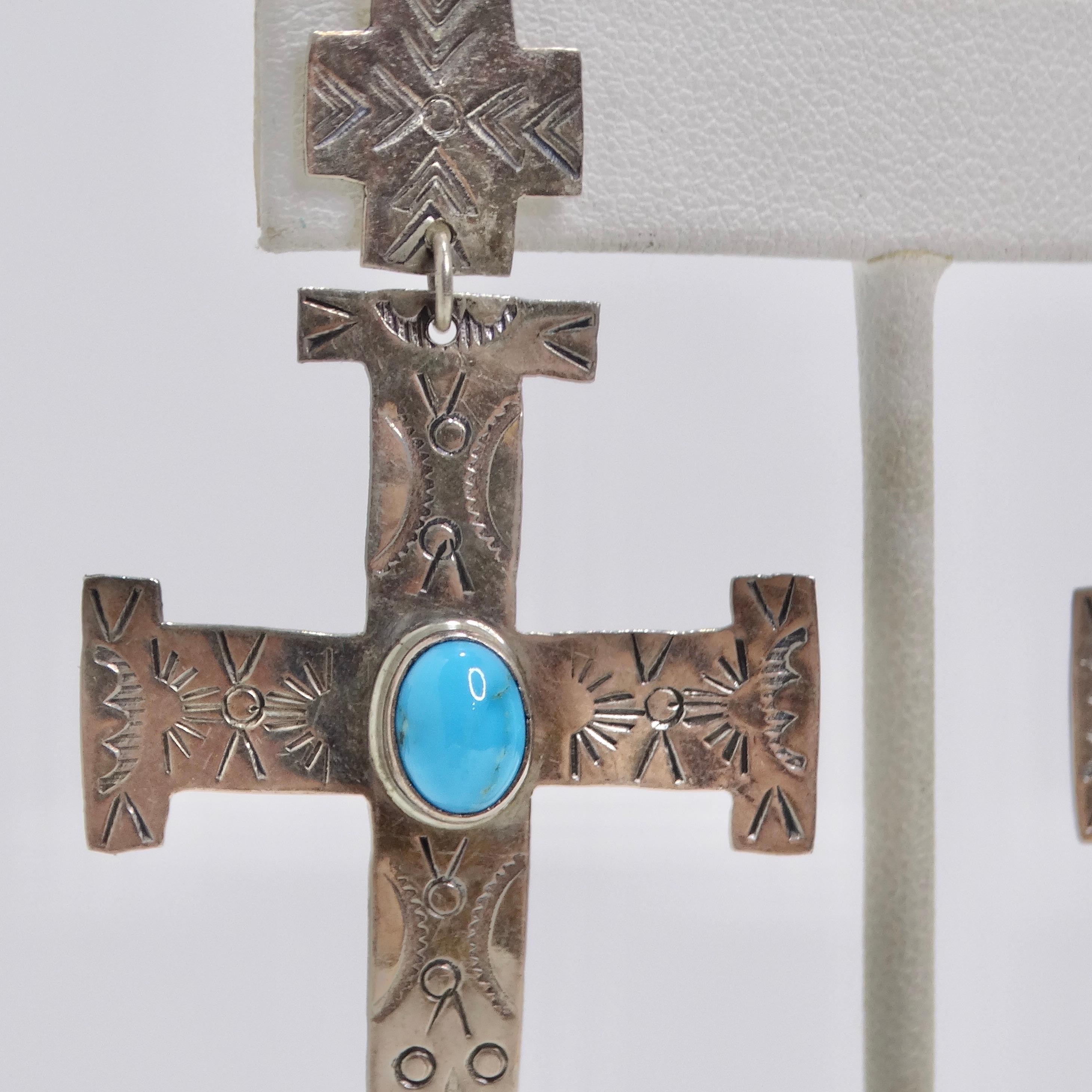 1960 Silver Turquoise Cross Earrings In Good Condition In Scottsdale, AZ