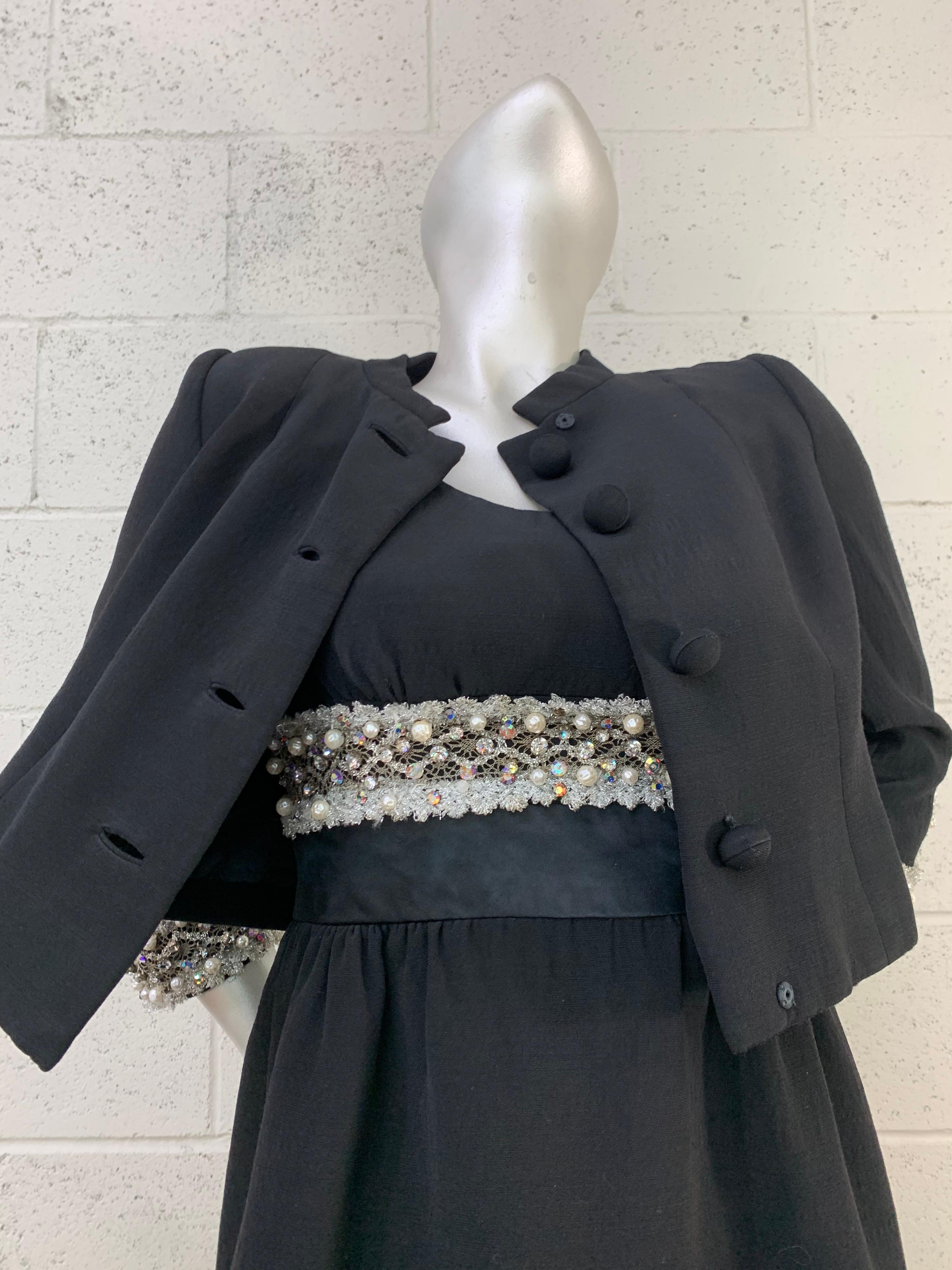 1960 Sophie-Saks Fifth Avenue Black Mod Babydoll Dress & Bolero Jacket w/ Lace In Good Condition For Sale In Gresham, OR