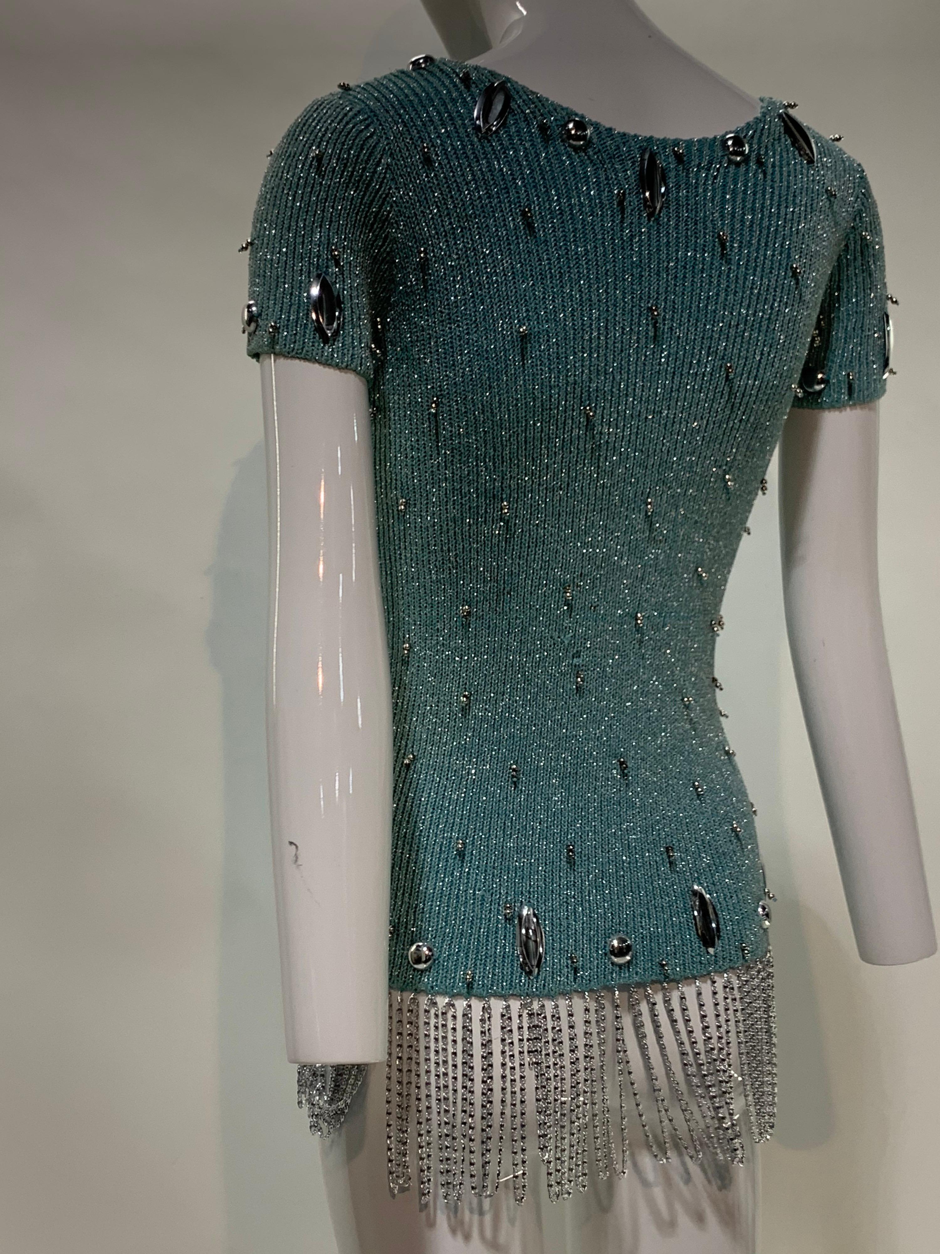 1960 Space Age Adolfo Suéter de punto de canalé plateado con flecos plateados 5