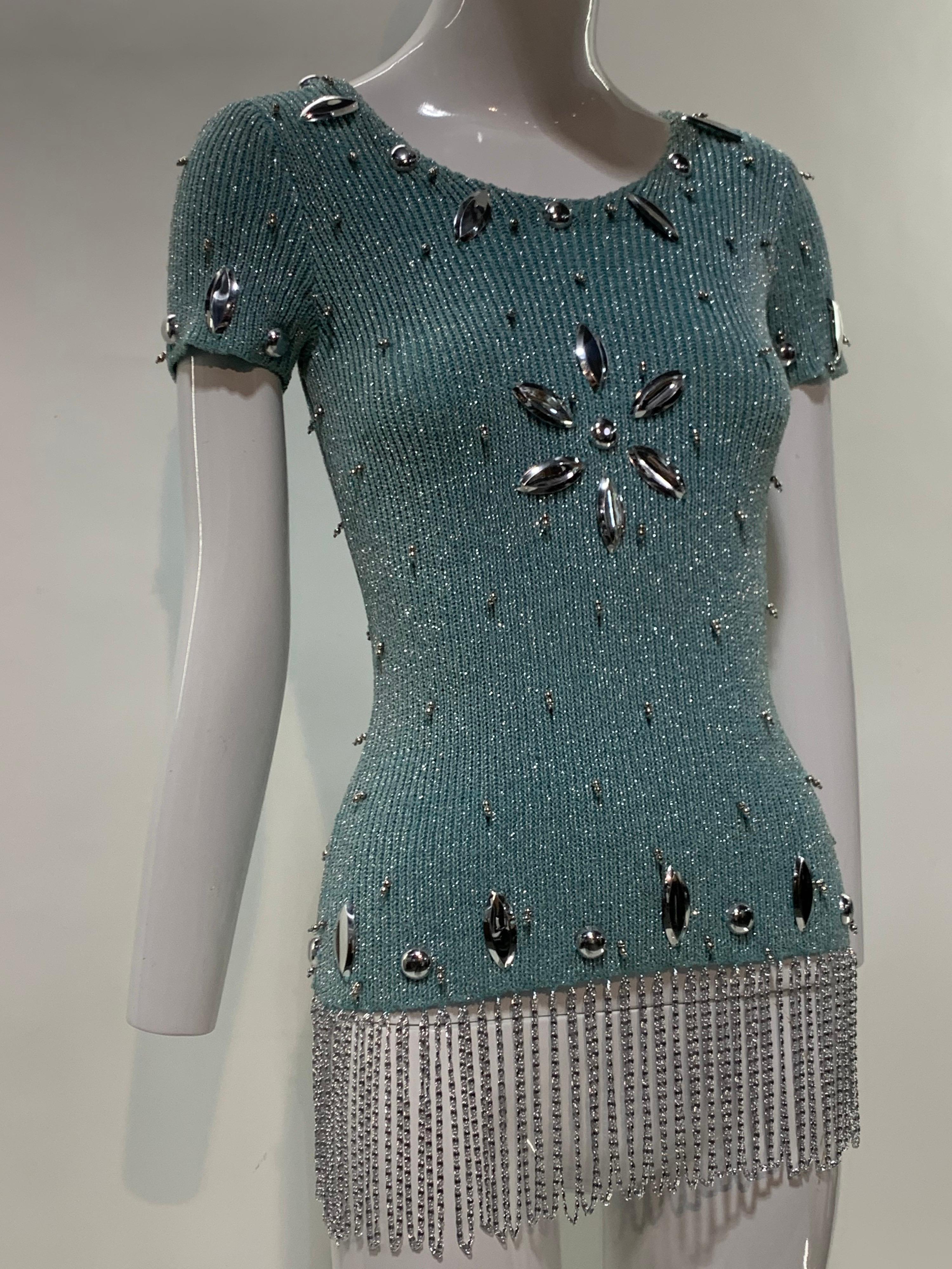 De las mujeres 1960 Space Age Adolfo Suéter de punto de canalé plateado con flecos plateados