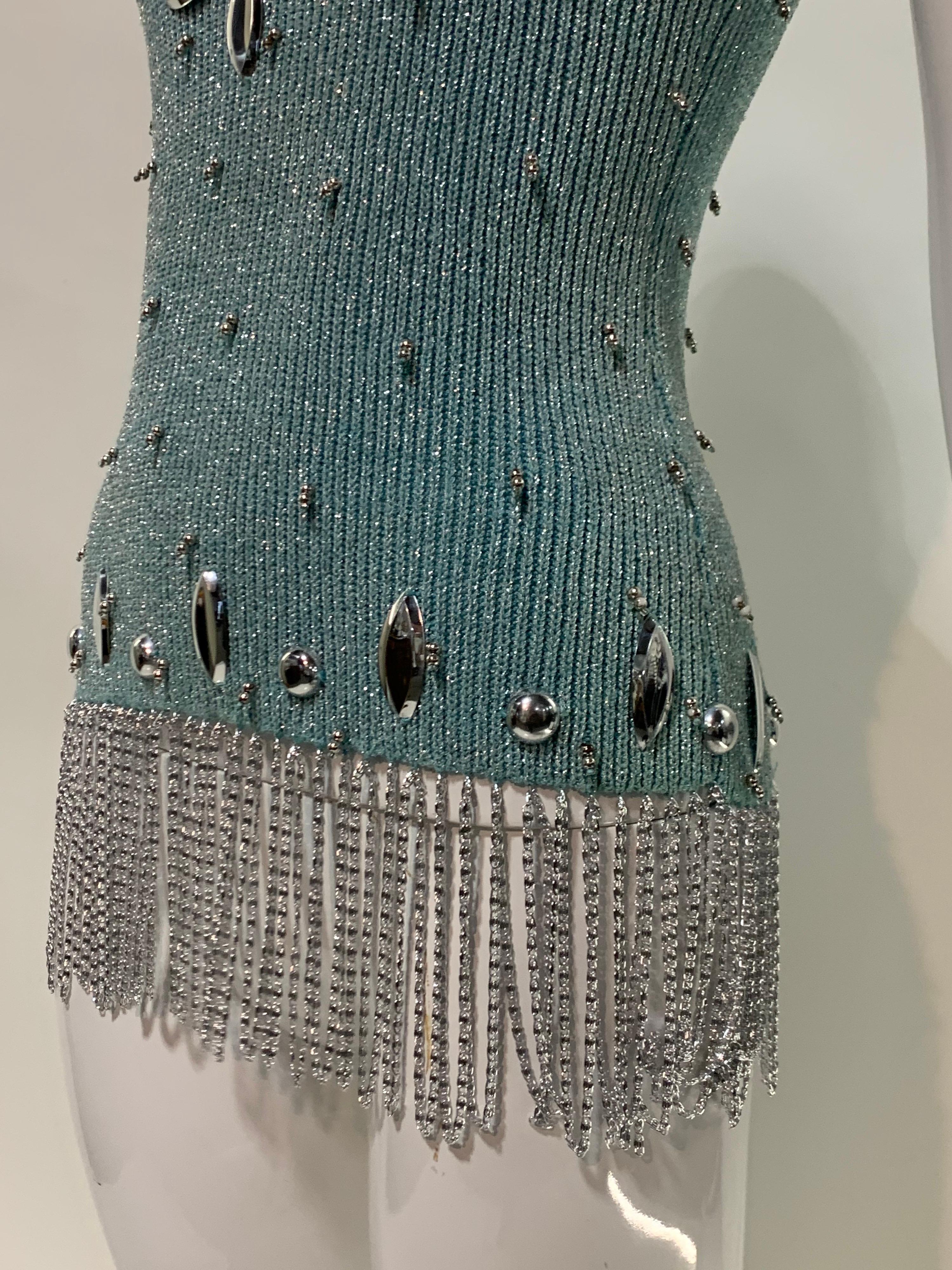 1960 Space Age Adolfo Aqua Silver Metallic Rib-Knit Sweater W/ Silver Fringe  For Sale 3