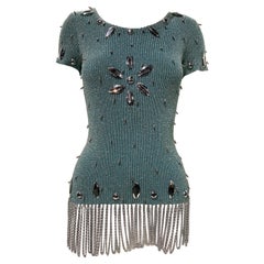 1960 Space Age Adolfo Aqua Silver Metallic Rib-Knit Sweater W/ Silver Fringe