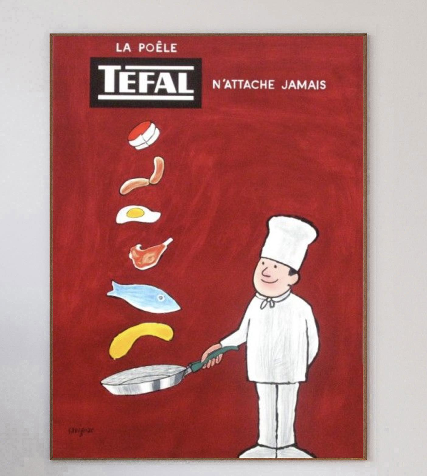 Stunning poster produced for Tefal, the French cookware manufacturer featuring artwork by the great French poster artist Raymond Savignac. Founded in 1956, Tefal continues to this day and are best known for their cooking pots & pans.

Depicting a