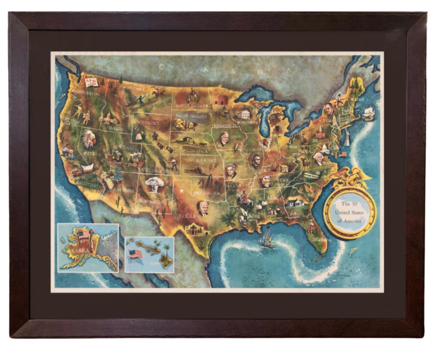 Questa mappa colorata degli Stati Uniti è stata disegnata da Lorin Thompson e pubblicata dalla General Foods Corporation nel 1960. La mappa è stata pubblicata come opuscolo promozionale in vista delle elezioni presidenziali del 1960. Il titolo della