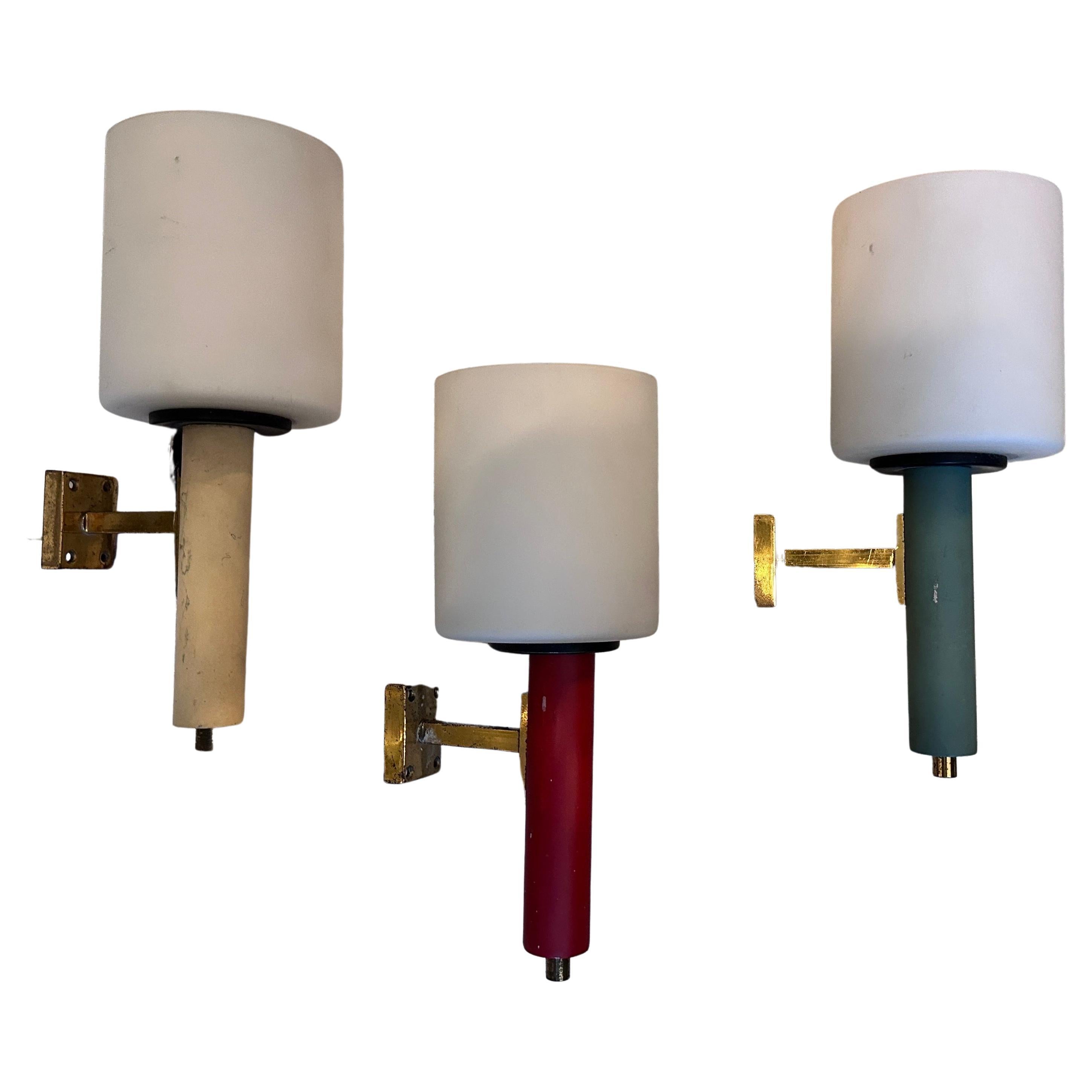 Lot of Three 1960 Stilnovo Style Mid-Century Modern Brass Italian Wall Sconces