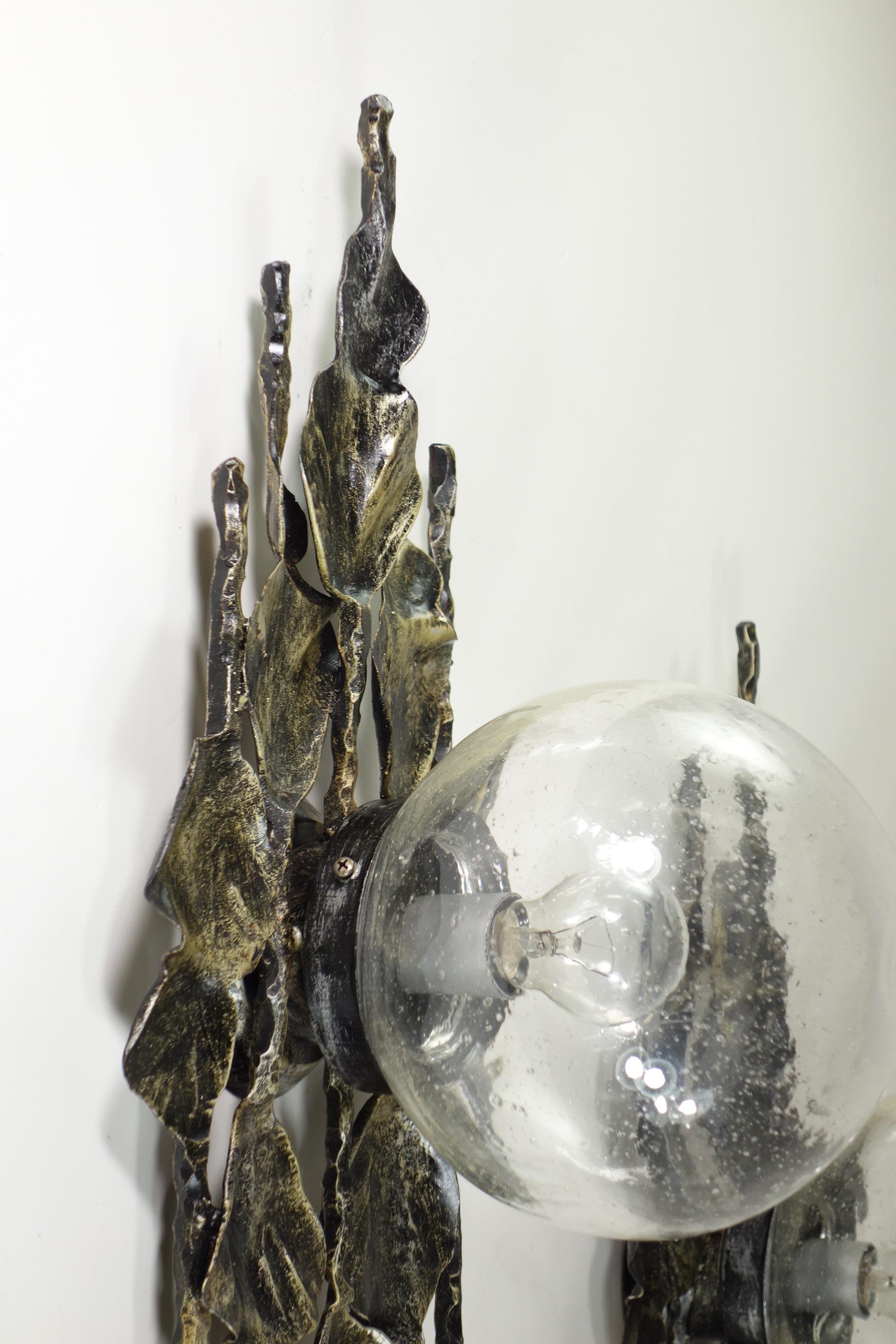 European 1960 Tom Ahlström Hans Ehrlich Brutalist Iron Glass Pair Wall Lamps Sconces For Sale