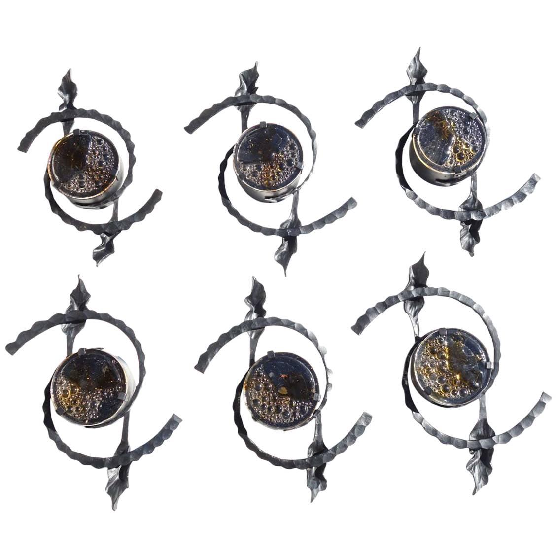 1960 Tom Ahlström Hans Ehrlich Brutalist Iron Glass Wall Lamps Sconces set 6