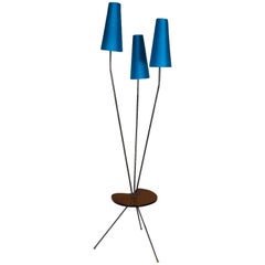 1960 Tripod Standing Lamp, Steel, Oak, Synthetic Ribbon, Turquoise Silk, France
