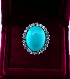 1960 Turquoise Diamond Large Cocktail Ring Platinum 18 KT Gold