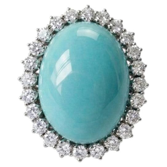 1960 Turchese Diamante Grande Anello Cocktail Platino Oro 18 KT