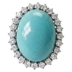 1960 Turquoise Diamond Large Cocktail Ring Platinum 18 KT Gold
