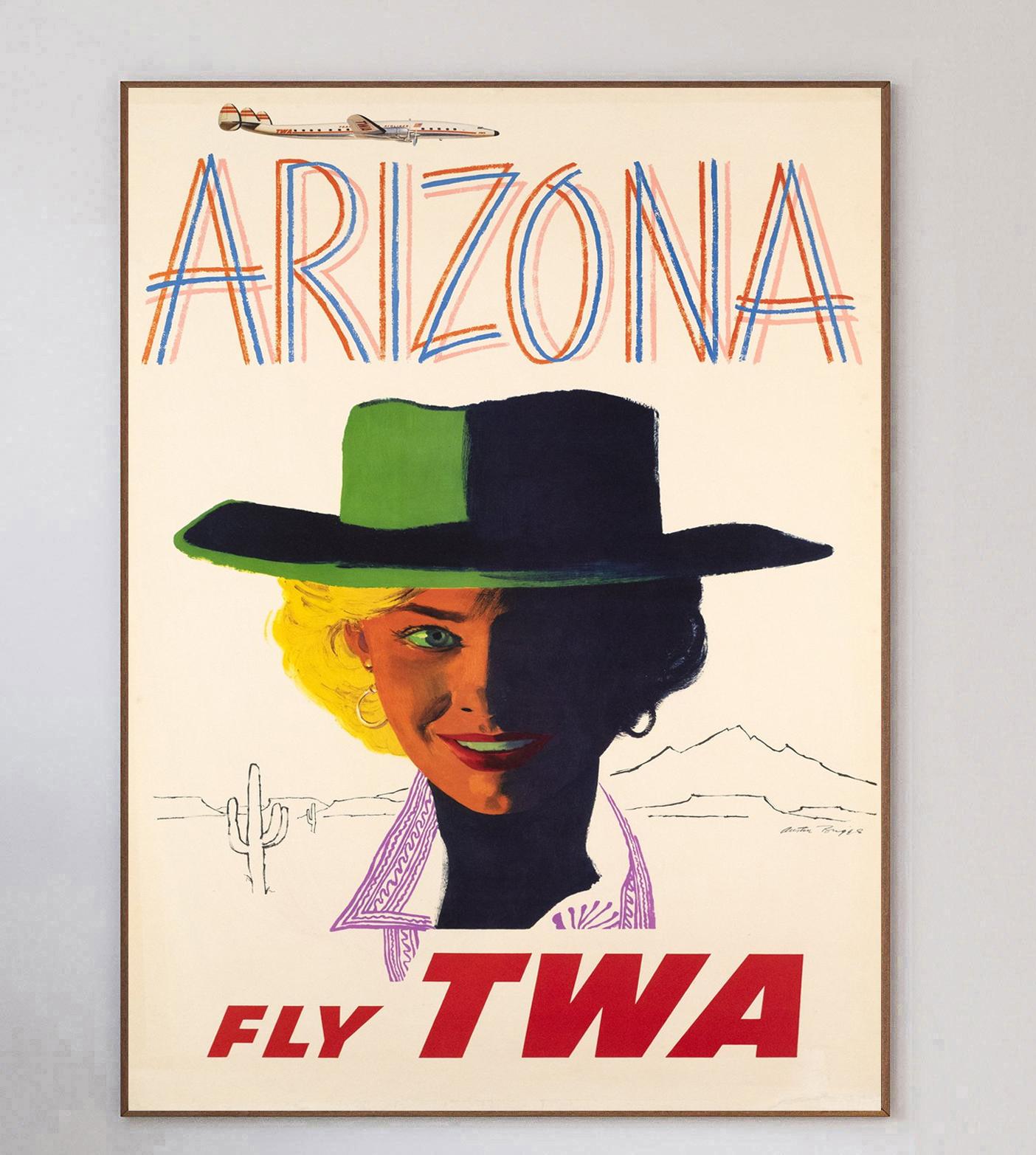 This poster was created in 1960 for Howard Hughes’ Trans World Airlines promoting their routes to Arizona, USA. Illustrated by American artist & cartoonist Austin Briggs, this design features a brilliant image of a woman in a cowboy hat in front of