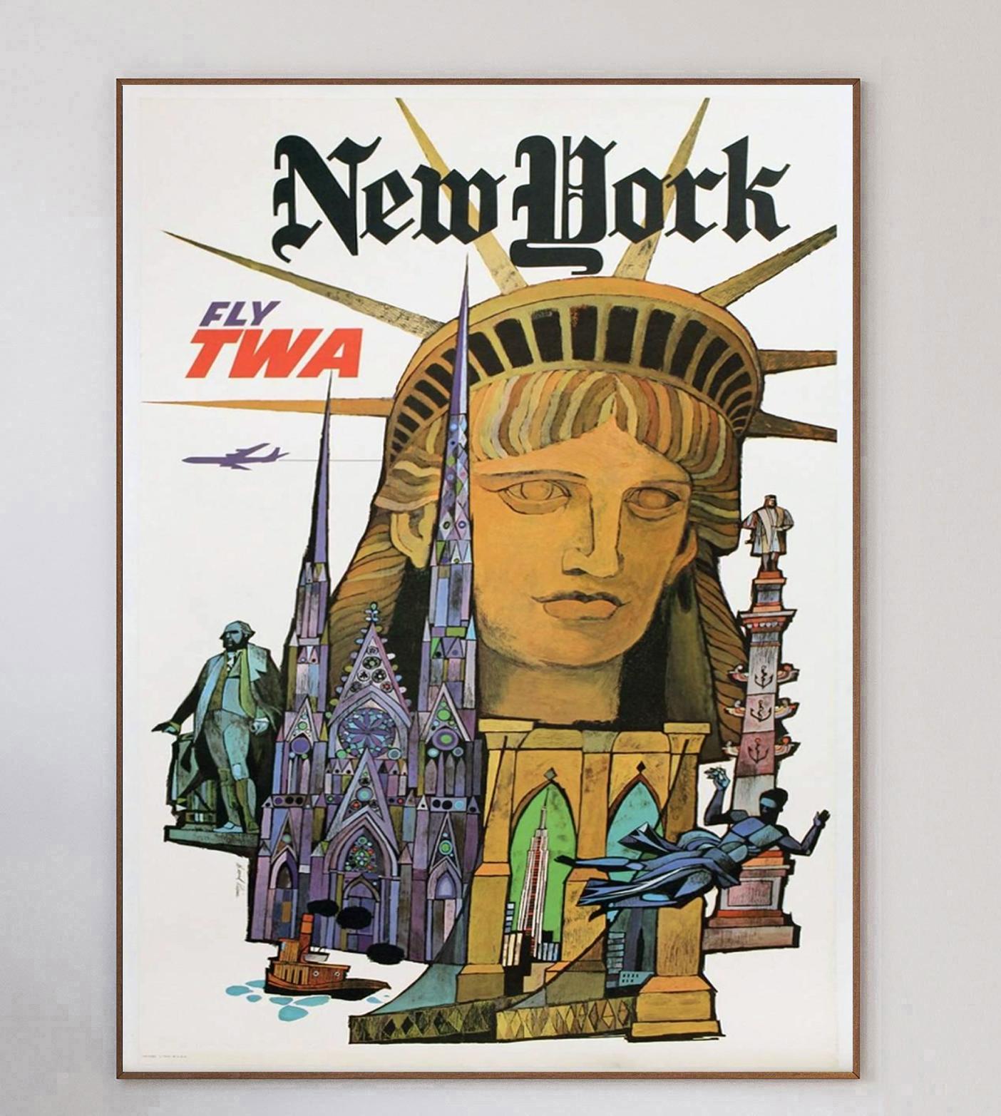 This poster was created in 1960 for Howard Hughes’ Trans World Airlines promoting their routes to New York. Illustrated by influential American artist David Klein, this design features a wonderfully stylized view of the New York City highlights