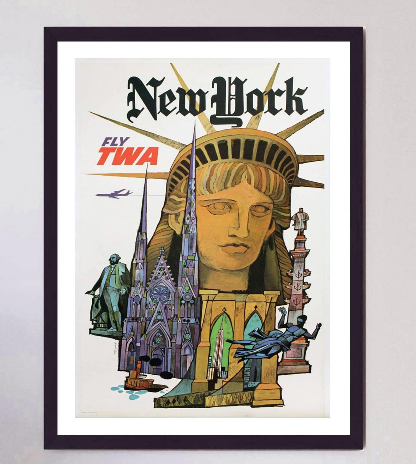 TWA - New York - Affiche vintage d'origine, 1960 Bon état - En vente à Winchester, GB