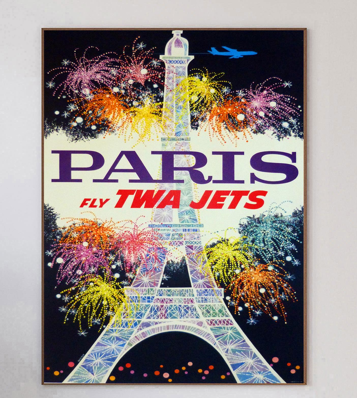 This poster was created in 1960 for Howard Hughes’ Trans World Airlines promoting their routes to Los Angeles, California. Illustrated by influential American artist David Klein, this design features a wonderful image of the Eiffel Tower at