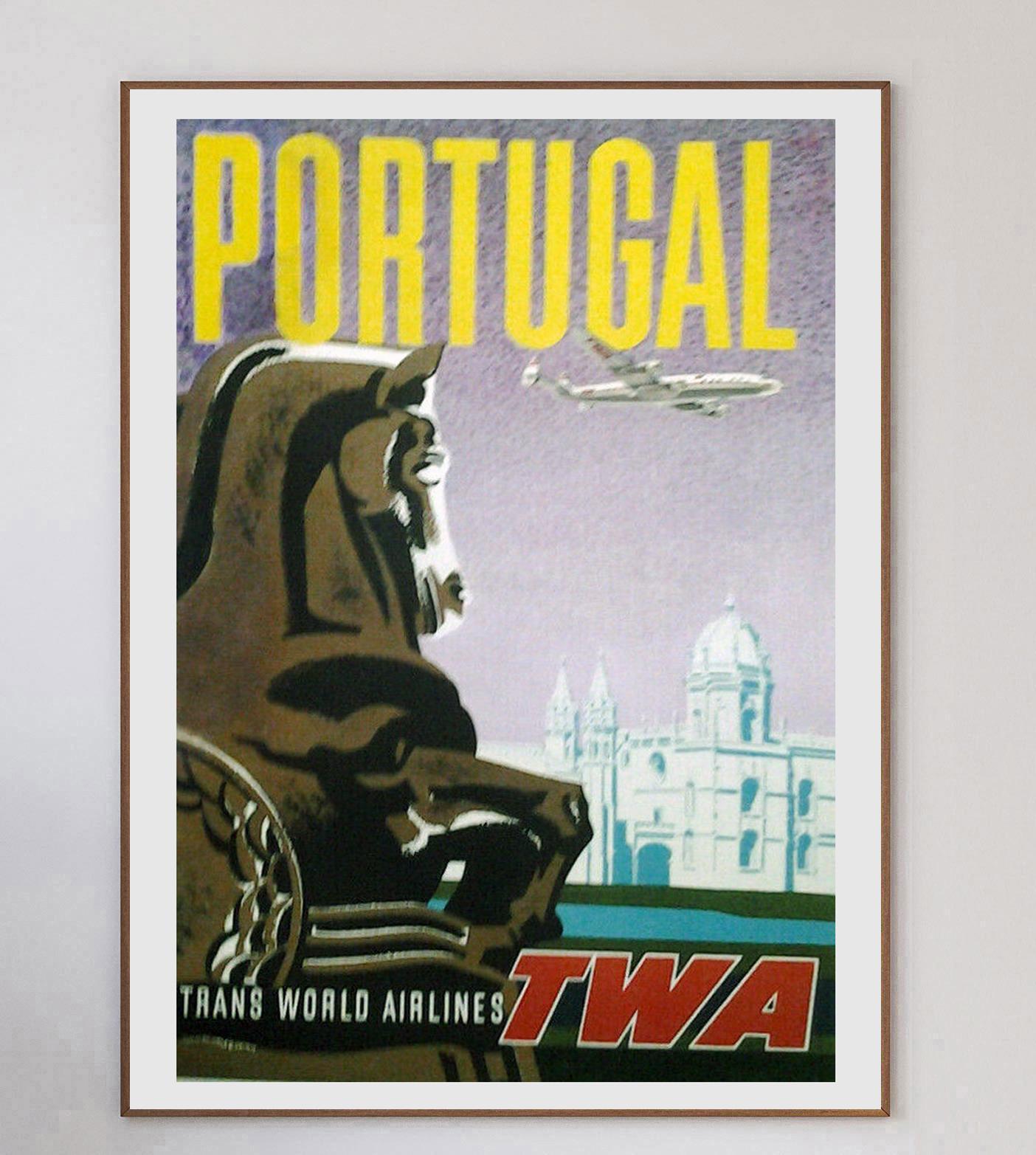 Depicting the Equestrian Statue of Joseph in the countries capital of Lisbon, this stunning poster was created for Howard Hughes‚Äô Trans World Airlines promoting their routes to Portugal.

The poster is illustrated by influential American artist